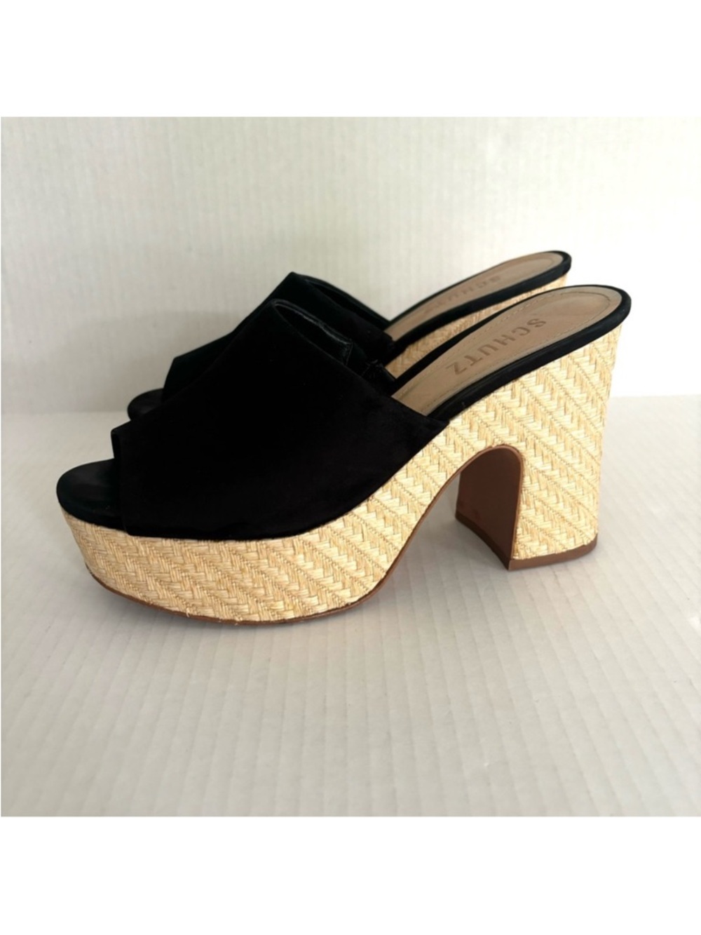 Schutz Tharley Black Suede Open-Toe Platform Block Heeled Mules Sandals Size 6.5